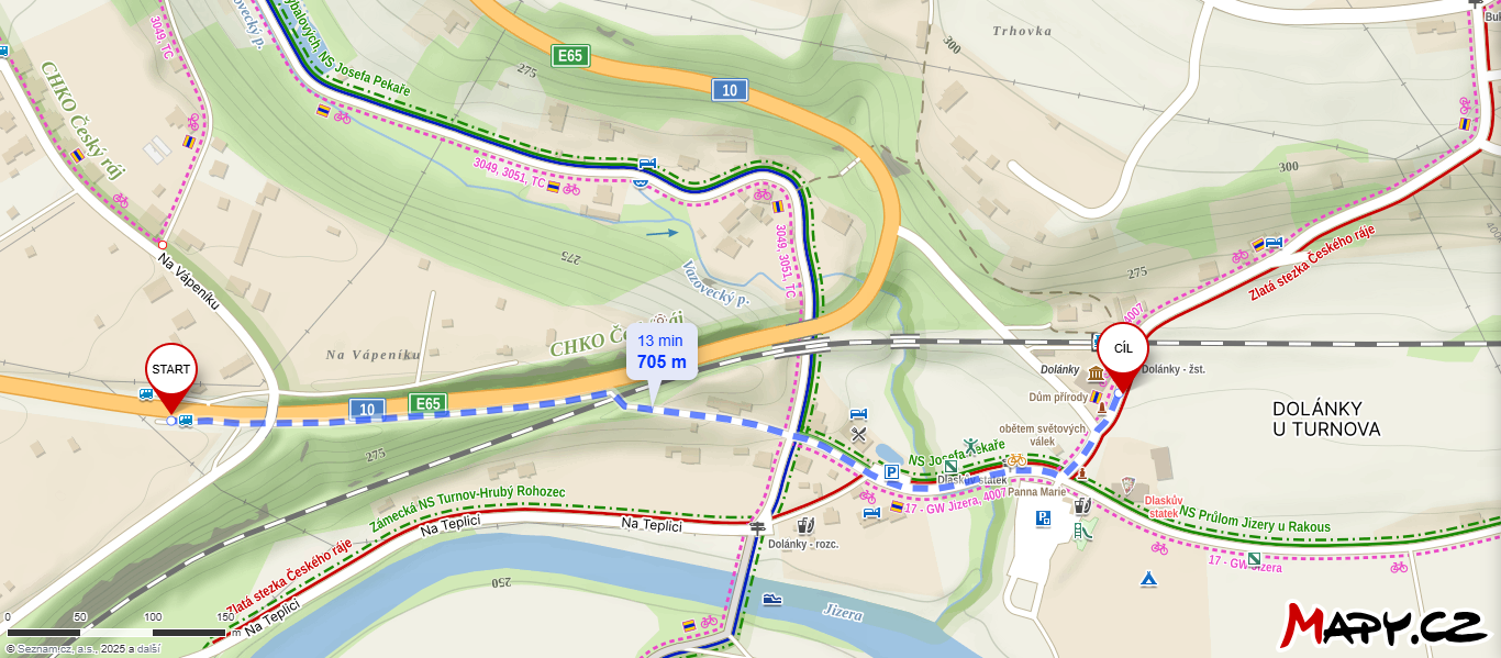 Trasa ze zastávky náhradní autobusové dopravy na Mapy.cz